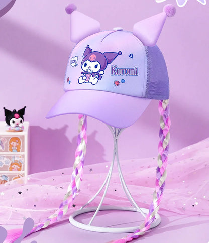 Kuromi Cute Kawaii Wig Braid  Summer Hat Kids Children Aged 5-10