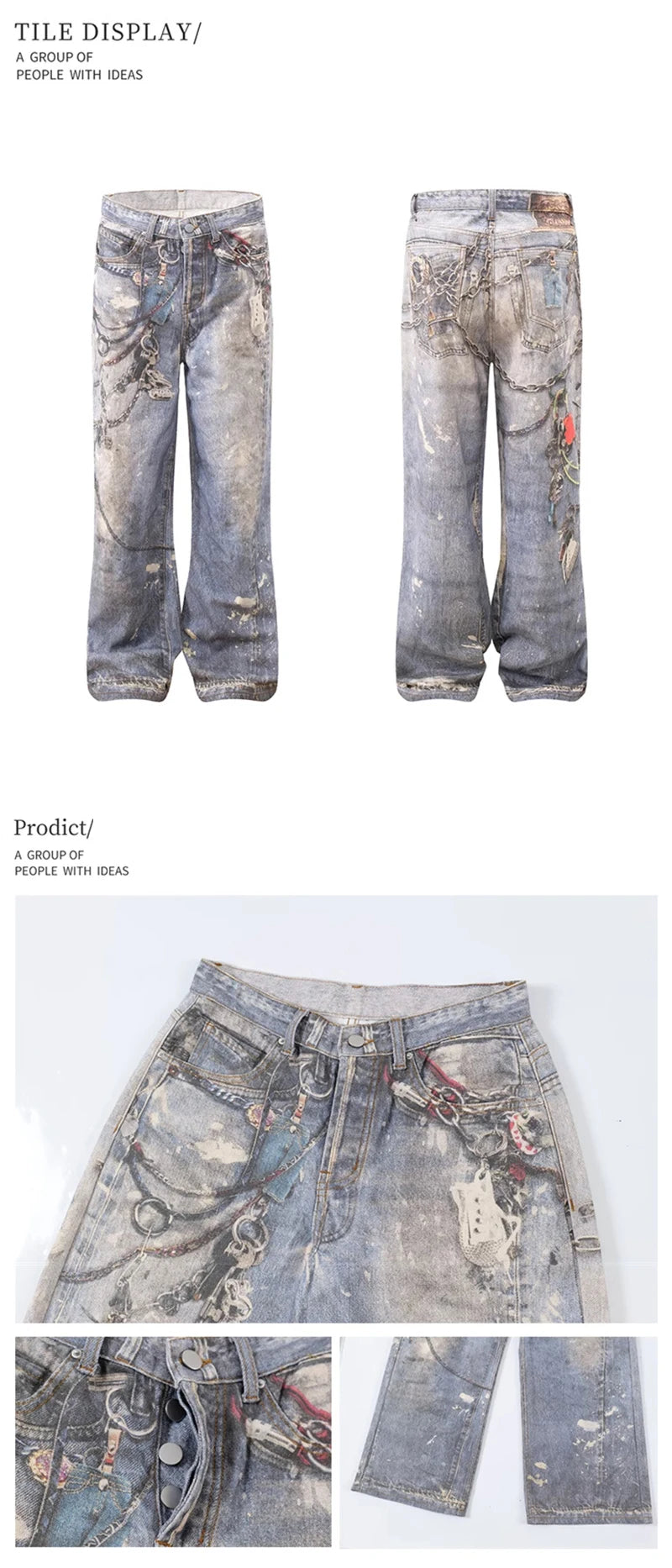3D Chain Printed Baggy Jeans For Men