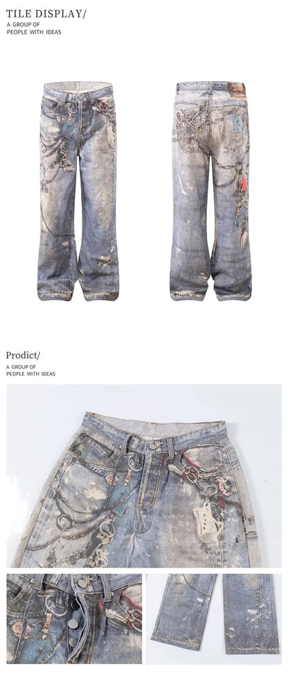 3D Chain Printed Baggy Jeans For Men