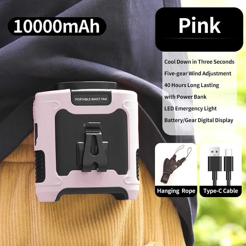 Outdoor Portable Waist Fan,Neck Fan, Hiking Fan  10000mAh