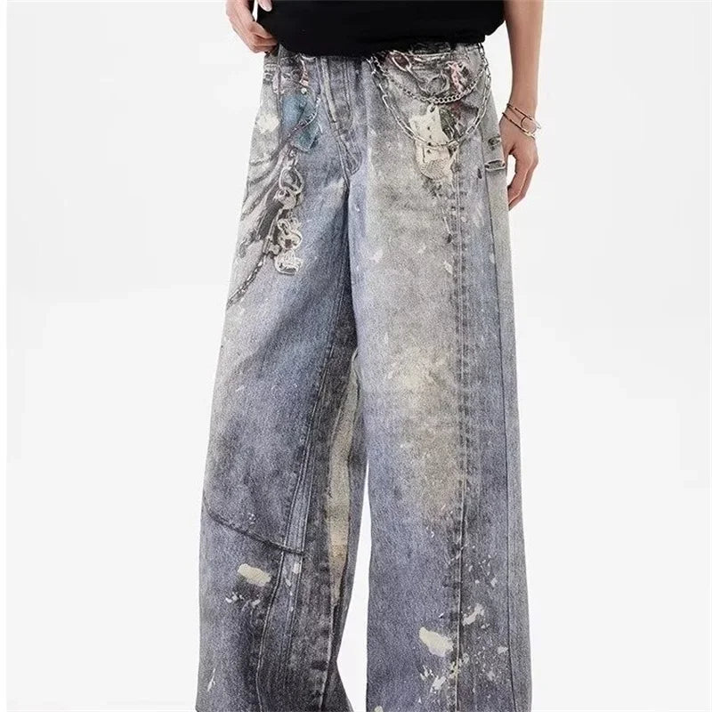 3D Chain Printed Baggy Jeans For Men