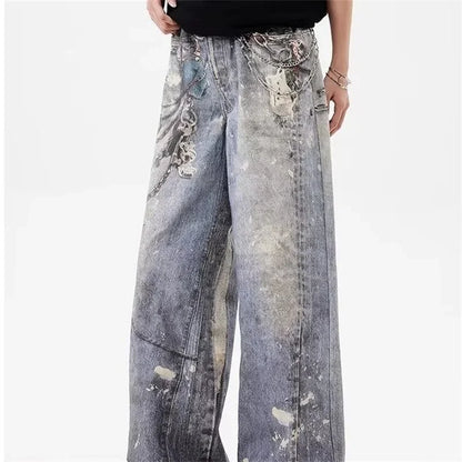 3D Chain Printed Baggy Jeans For Men