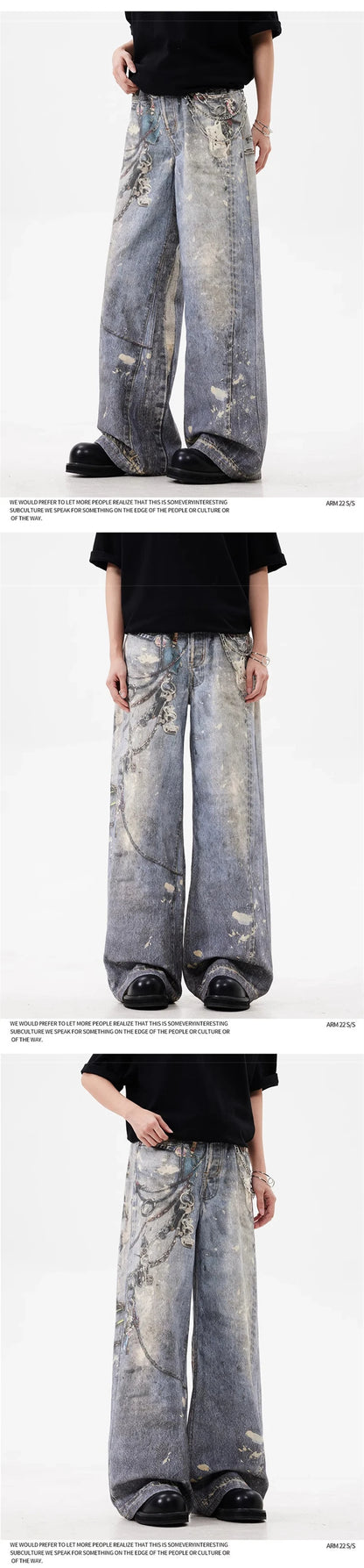 3D Chain Printed Baggy Jeans For Men