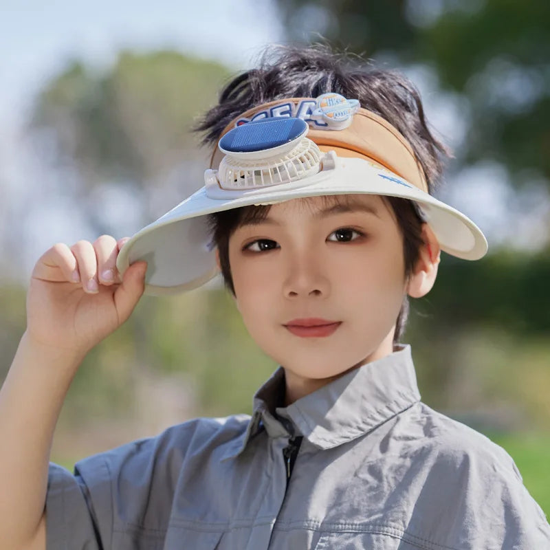 Cute Cartoon Design Solar Powered Kids Fan Hat Solar/USB