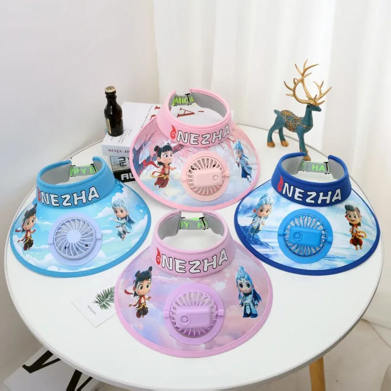 Cute Cartoon Wide Brim Kids  Sun protection Fan Hat Charging USB