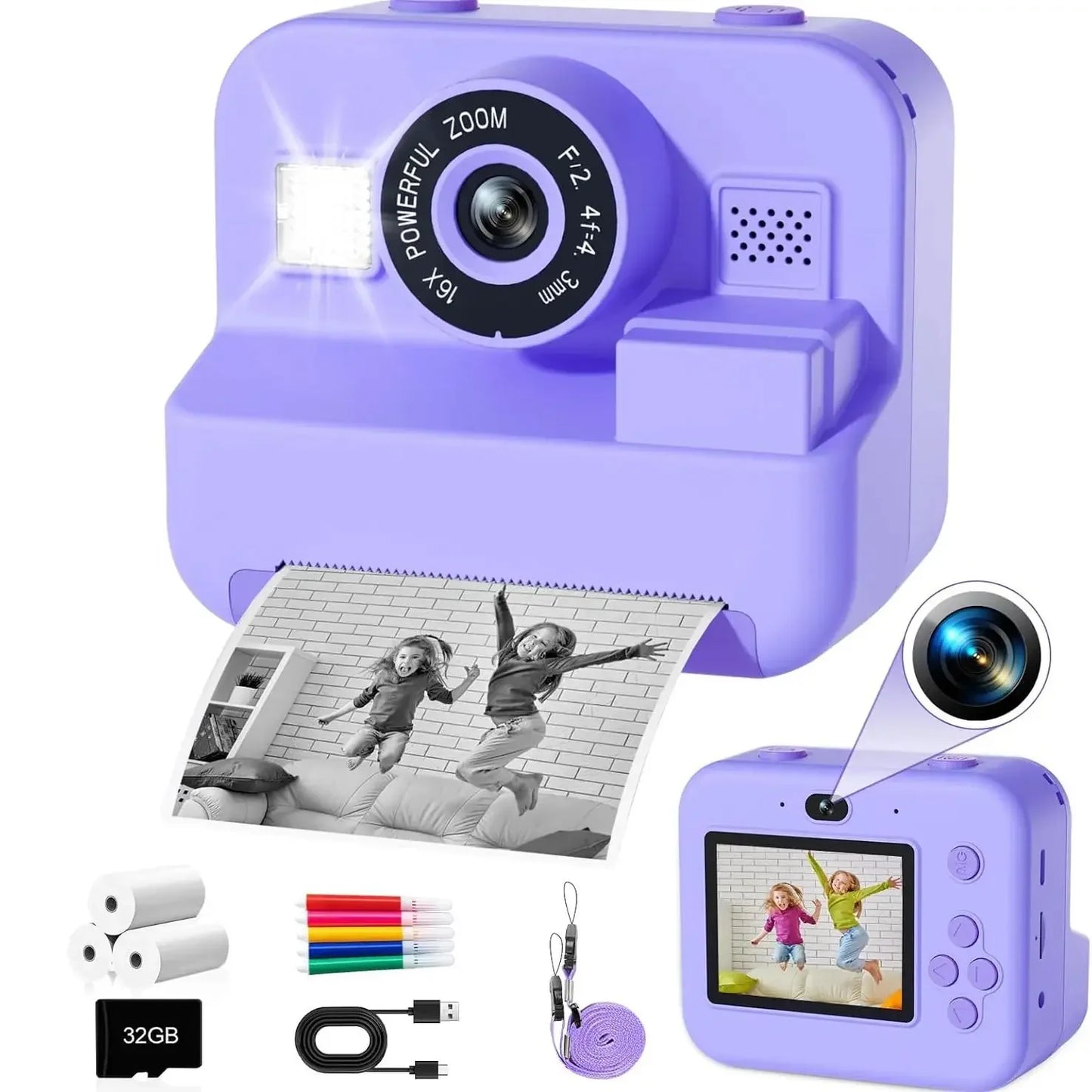 Instant Print Camera With 32G Card, 1080P Children  KidsMini Digital  Video Camera