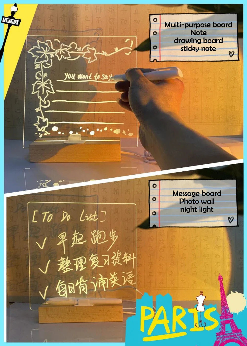 LED Note Board Night Light With Colorful 7 Pens Acrylic Drawing Board