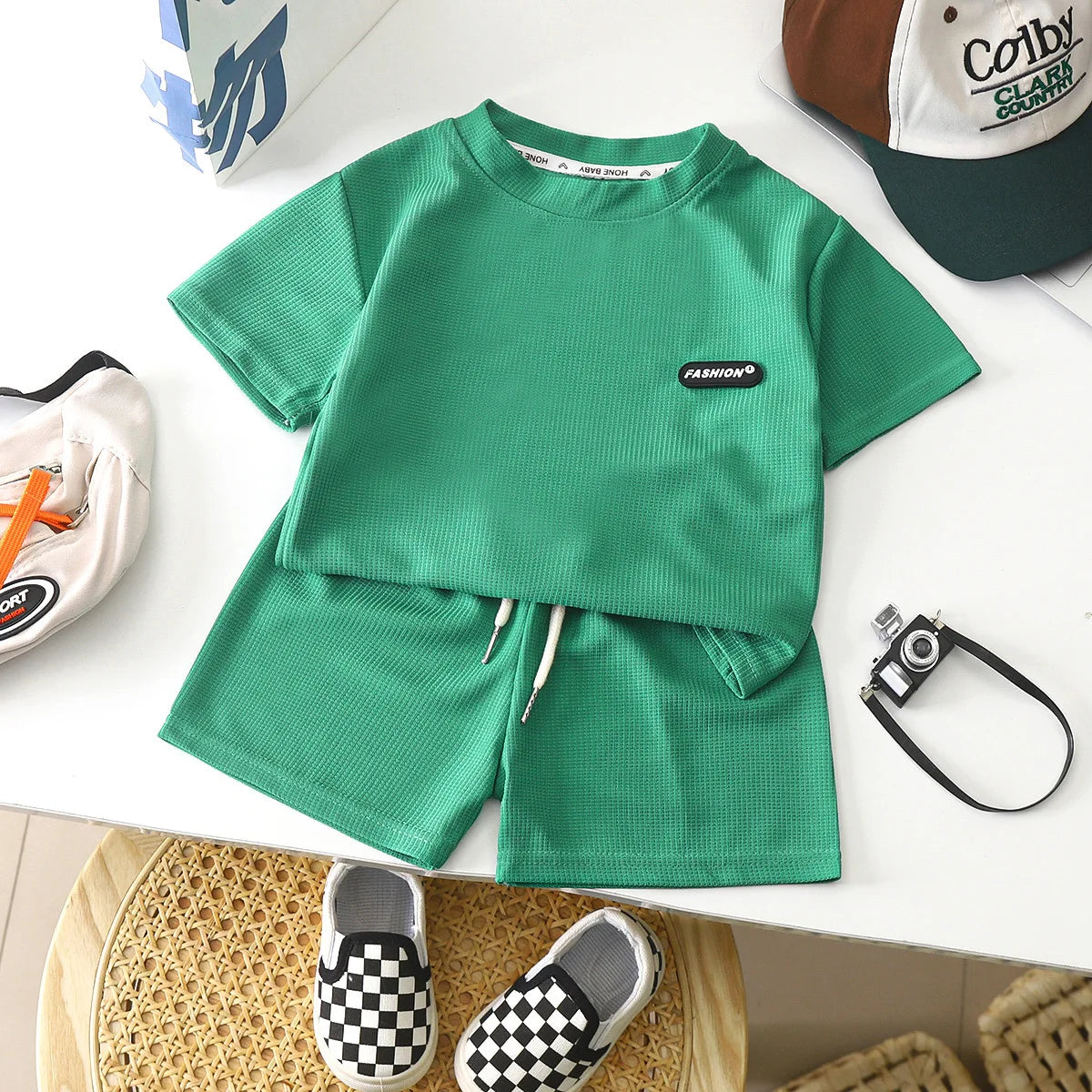 New Summer Children's Casual Set for Boys Girls Loose Short Sleeved Waffle Breathable