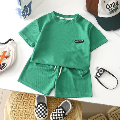 New Summer Children's Casual Set for Boys Girls Loose Short Sleeved Waffle Breathable