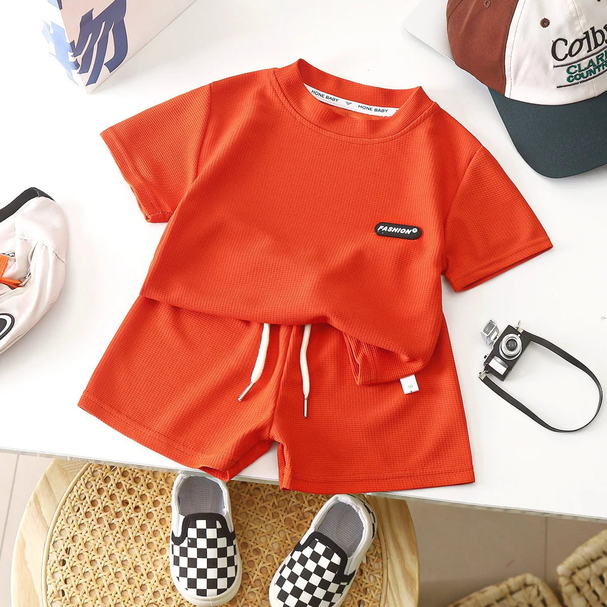 New Summer Children's Casual Set for Boys Girls Loose Short Sleeved Waffle Breathable
