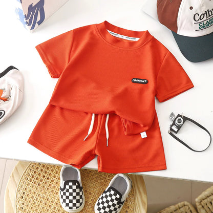 New Summer Children's Casual Set for Boys Girls Loose Short Sleeved Waffle Breathable
