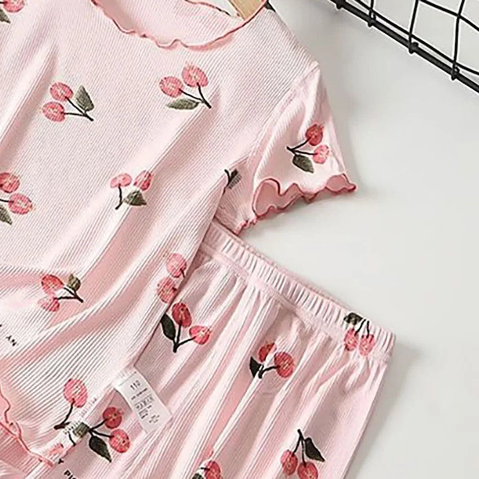 Girls Summer Pajama Set Cherry Blossom Print 4-Way Stretch Shorts & Tee Breathable