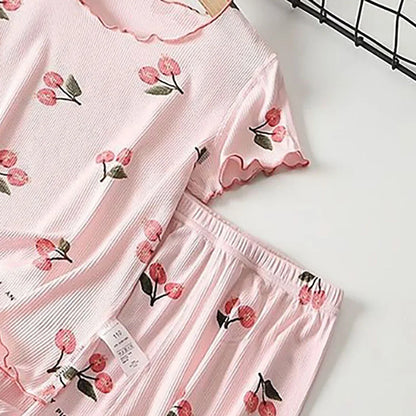 Girls Summer Pajama Set Cherry Blossom Print 4-Way Stretch Shorts & Tee Breathable