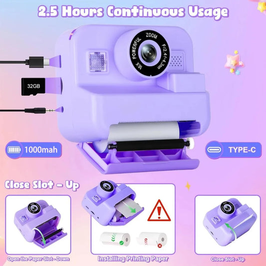 Instant Print Camera With 32G Card, 1080P Children  KidsMini Digital  Video Camera