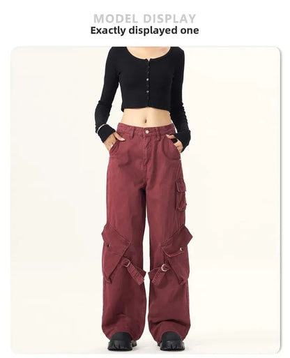 Red Vintage American Style Casual  Pants