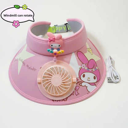 Cute Cartoon Wide Brim Kids  Sun protection Fan Hat Charging USB