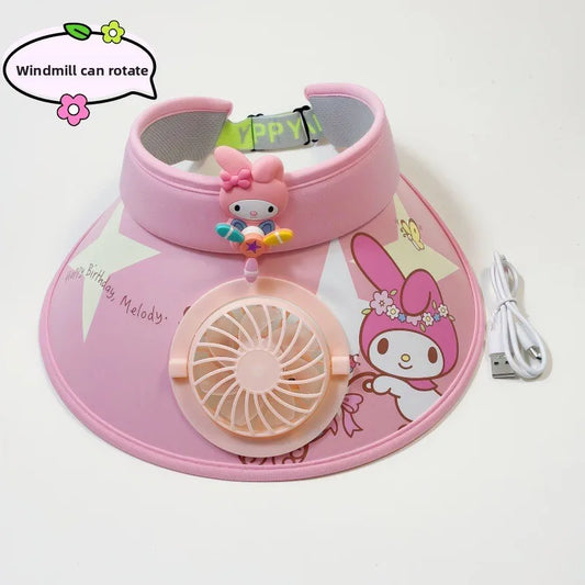 Cute Cartoon Wide Brim Kids  Sun protection Fan Hat Charging USB