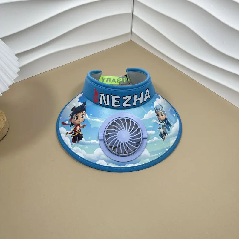 Cute Cartoon Wide Brim Kids  Sun protection Fan Hat Charging USB