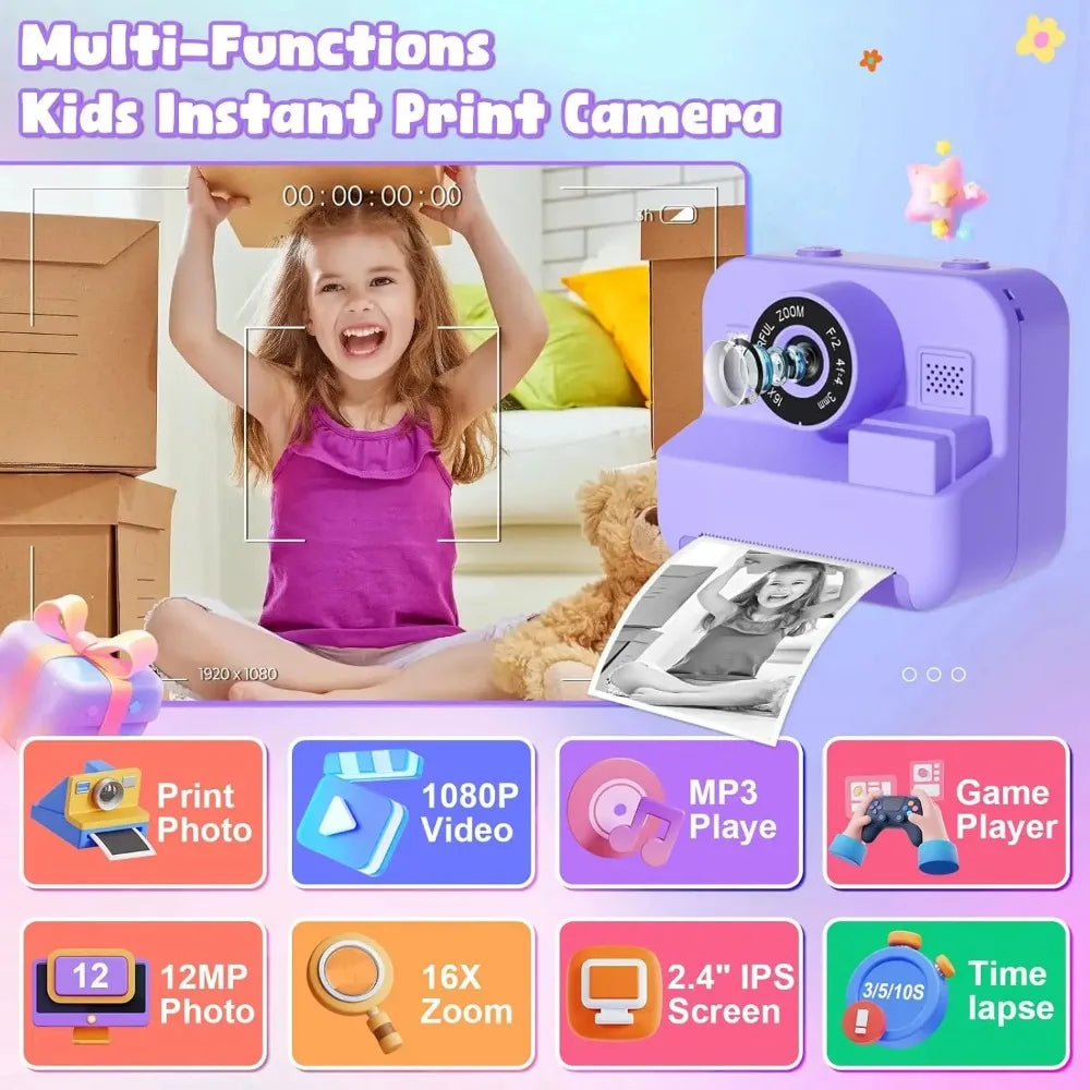 Instant Print Camera With 32G Card, 1080P Children  KidsMini Digital  Video Camera