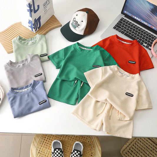 New Summer Children's Casual Set for Boys Girls Loose Short Sleeved Waffle Breathable