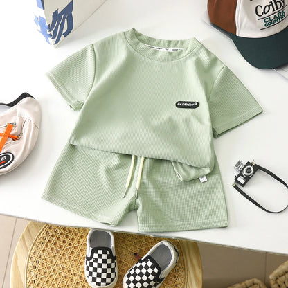 New Summer Children's Casual Set for Boys Girls Loose Short Sleeved Waffle Breathable
