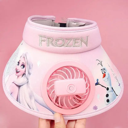 New  Disney Frozen Elsa Anna Olaf  Wide Brim  Kids Sun protection Fan Hat Charging USB