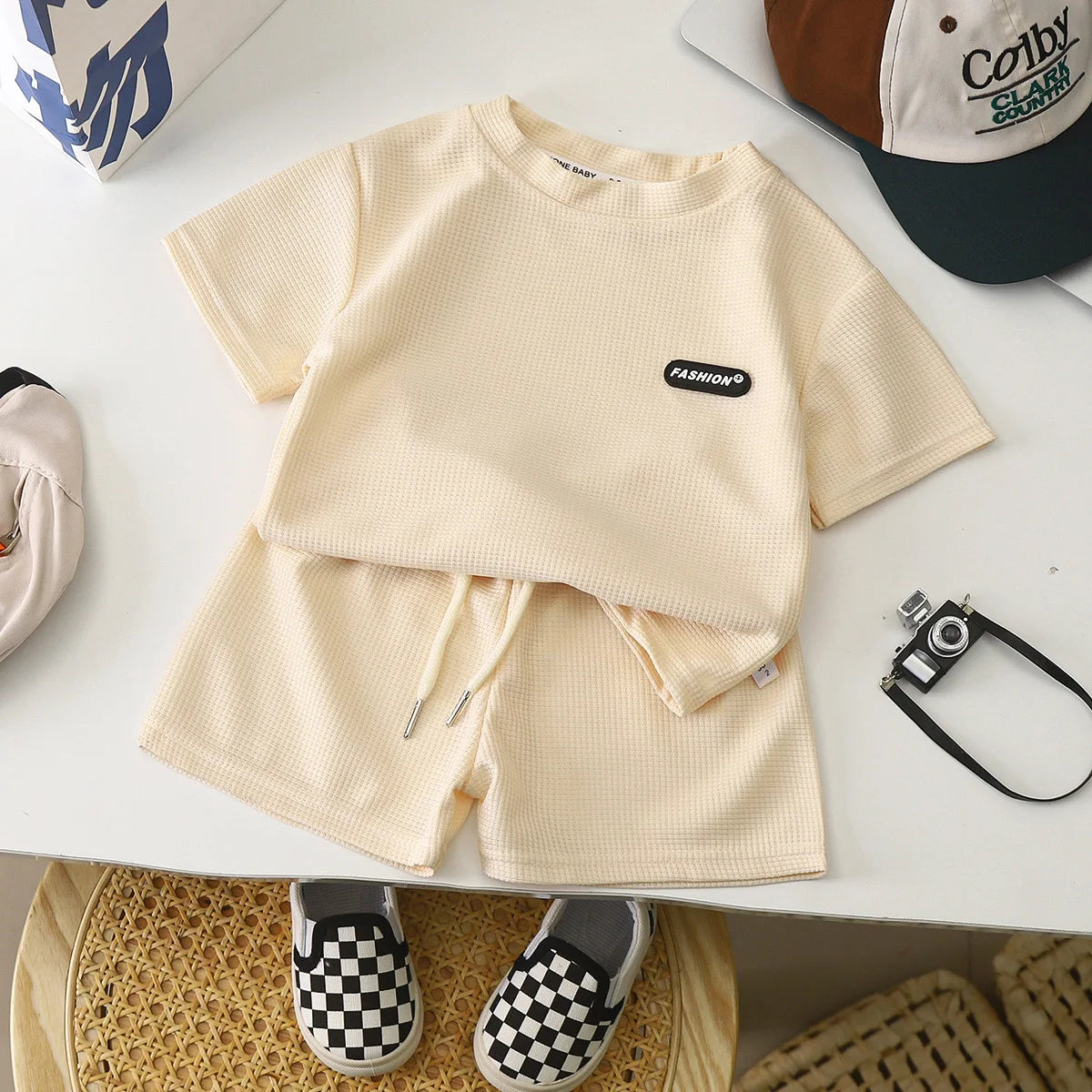New Summer Children's Casual Set for Boys Girls Loose Short Sleeved Waffle Breathable