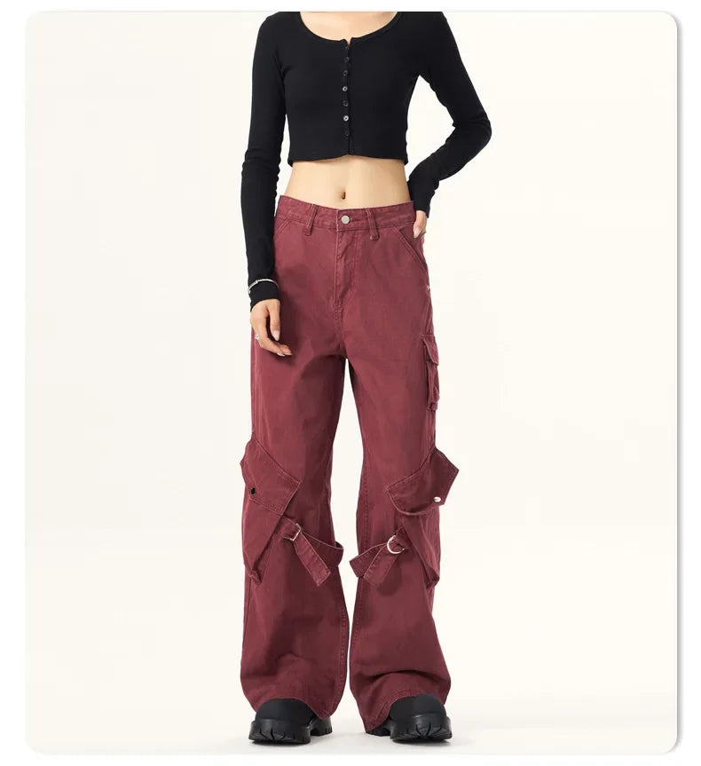 Red Vintage American Style Casual  Pants