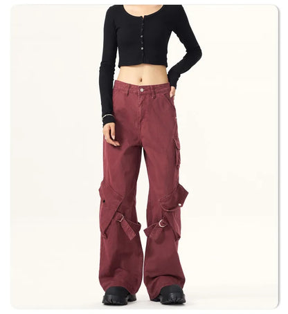 Red Vintage American Style Casual  Pants