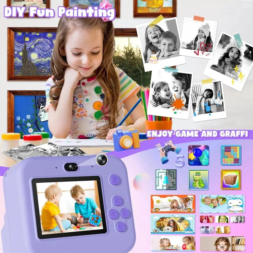 Instant Print Camera With 32G Card, 1080P Children  KidsMini Digital  Video Camera