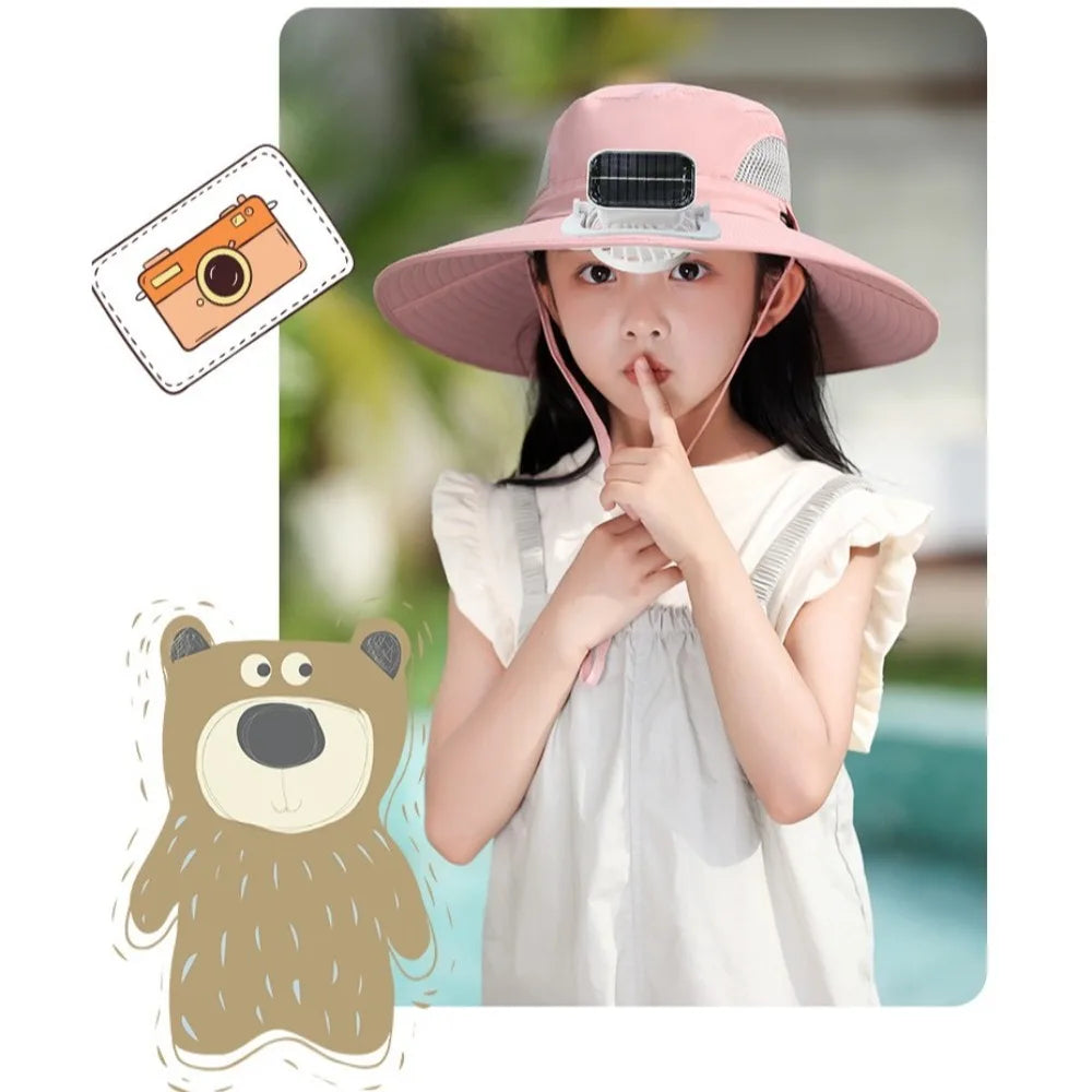 Kids Wide Brim Sun protection Fan Hat Charging Solar/USB