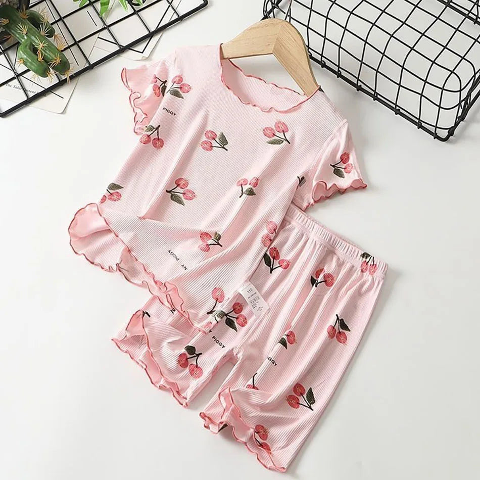 Girls Summer Pajama Set Cherry Blossom Print 4-Way Stretch Shorts & Tee Breathable