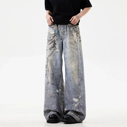 3D Chain Printed Baggy Jeans For Men