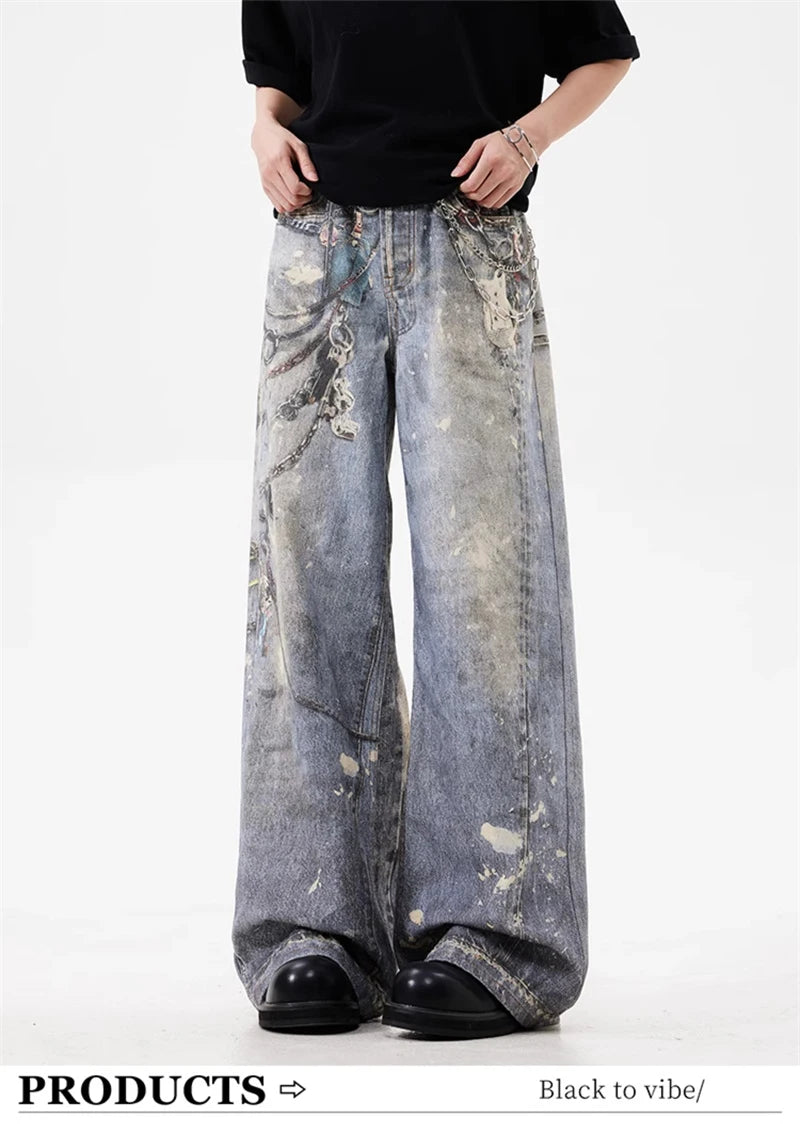 3D Chain Printed Baggy Jeans For Men