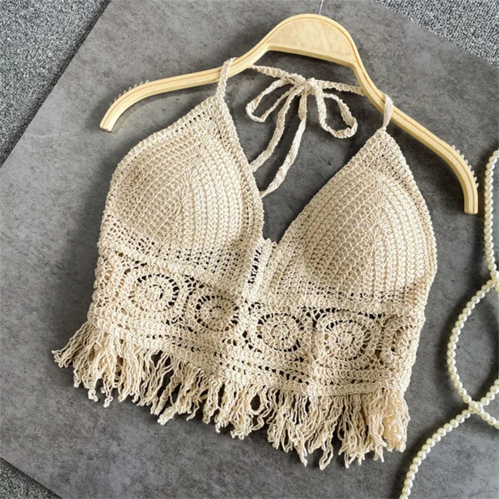Boho Fringe Backless Halter Tie Neck