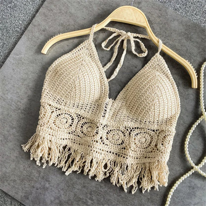 Boho Fringe Backless Halter Tie Neck