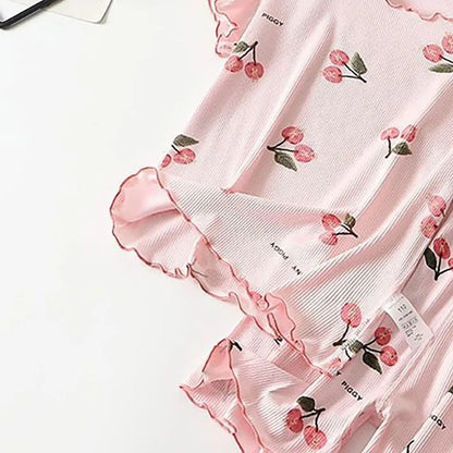 Girls Summer Pajama Set Cherry Blossom Print 4-Way Stretch Shorts & Tee Breathable