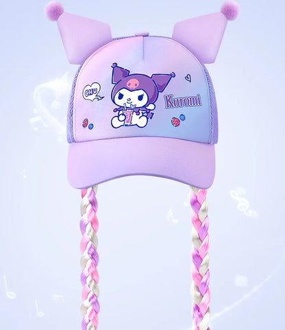 Kuromi Cute Kawaii Wig Braid  Summer Hat Kids Children Aged 5-10