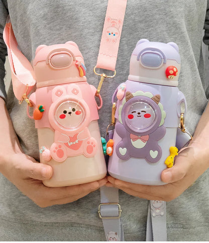Cute Stainless Steel Leak-Proof  Water Bottle With Straw