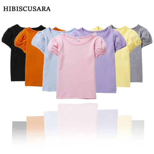 Girls' 100% Cotton Short Sleeve Summer Puff Tee T shirts for School & Play