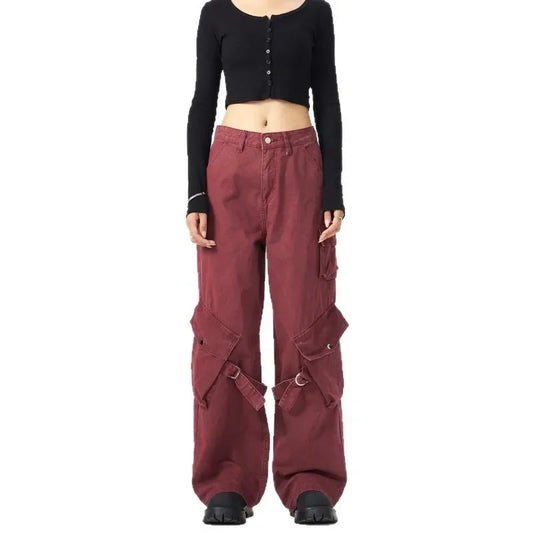 Red Vintage American Style Casual  Pants