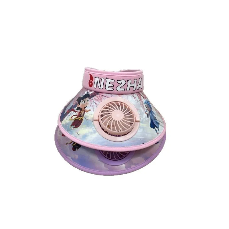 Cute Cartoon Wide Brim Kids  Sun protection Fan Hat Charging USB