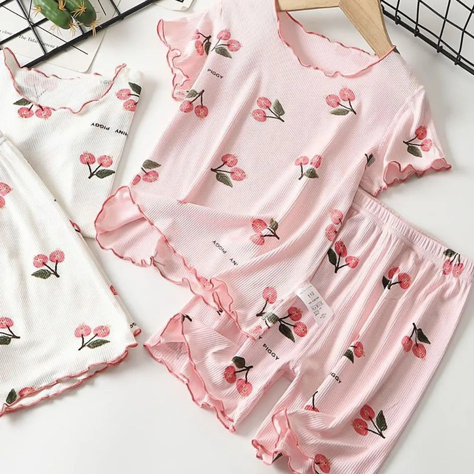 Girls Summer Pajama Set Cherry Blossom Print 4-Way Stretch Shorts & Tee Breathable