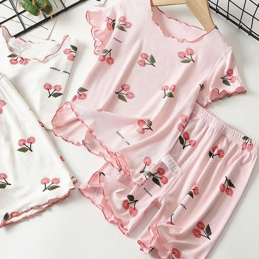 Girls Summer Pajama Set Cherry Blossom Print 4-Way Stretch Shorts & Tee Breathable