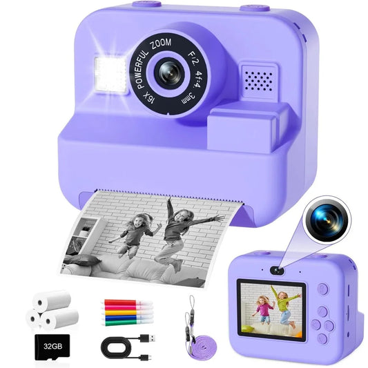 Instant Print Camera With 32G Card, 1080P Children  KidsMini Digital  Video Camera