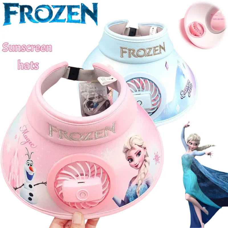 New  Disney Frozen Elsa Anna Olaf  Wide Brim  Kids Sun protection Fan Hat Charging USB