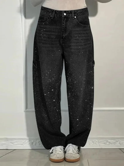 Casual Rhinestone Loose Harem Jeans