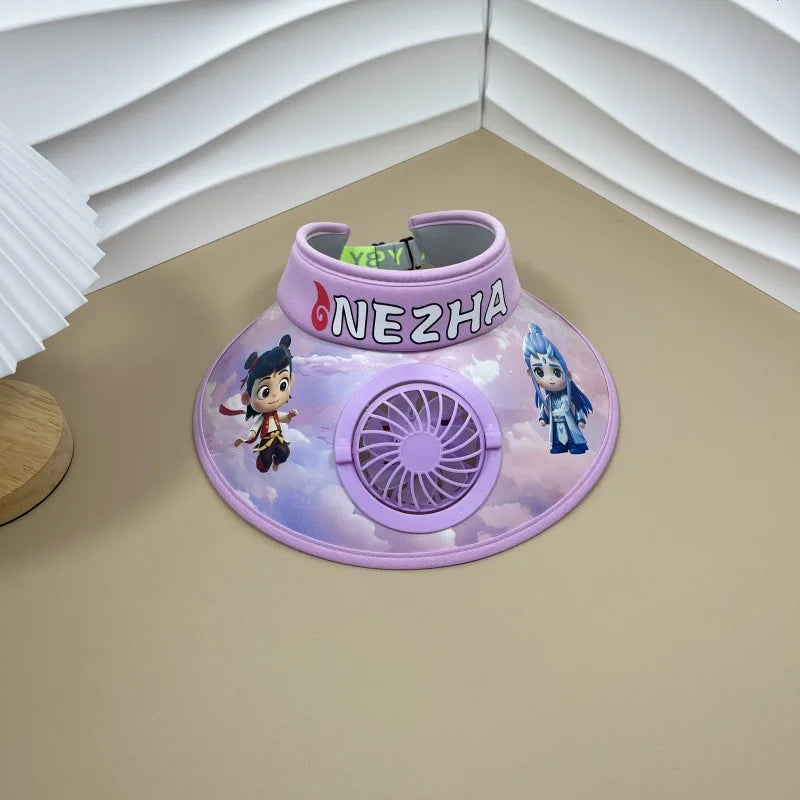 Cute Cartoon Wide Brim Kids  Sun protection Fan Hat Charging USB