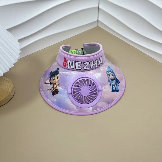 Cute Cartoon Wide Brim Kids  Sun protection Fan Hat Charging USB