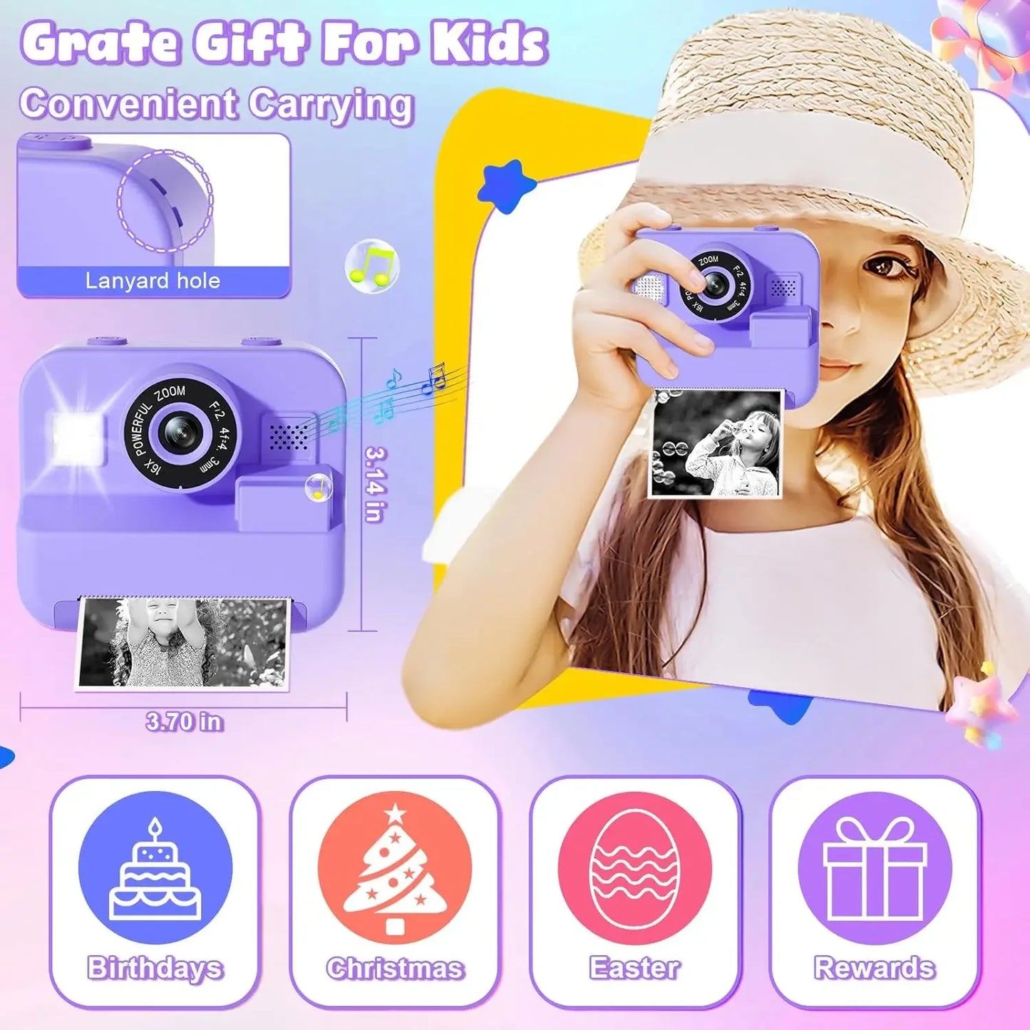 Instant Print Camera With 32G Card, 1080P Children  KidsMini Digital  Video Camera